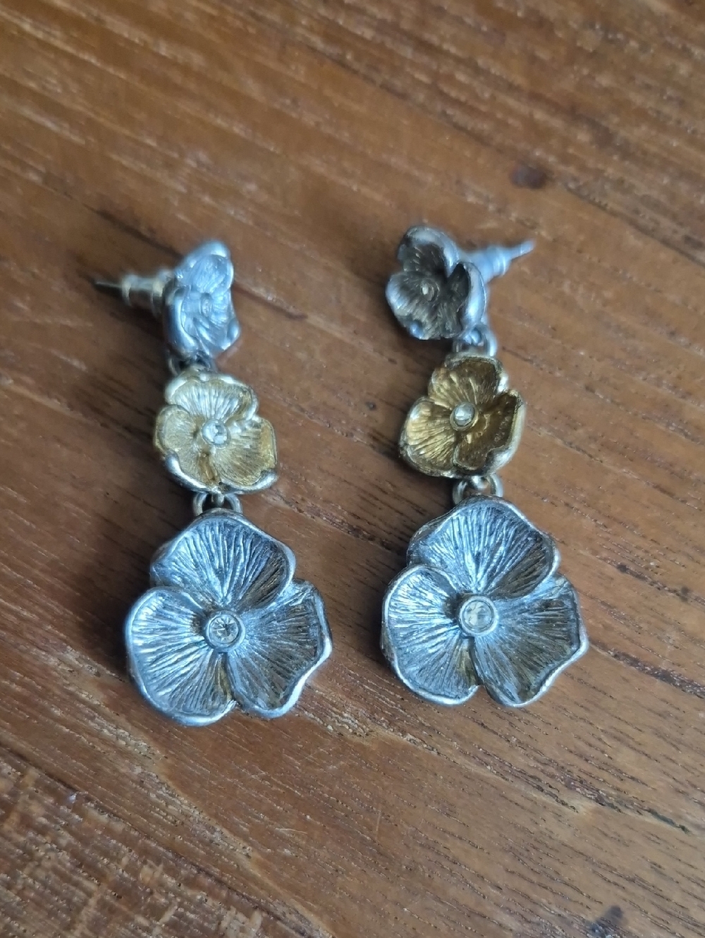 Vintage Two-Tone Floral Drop Earrings - Silver & Gold